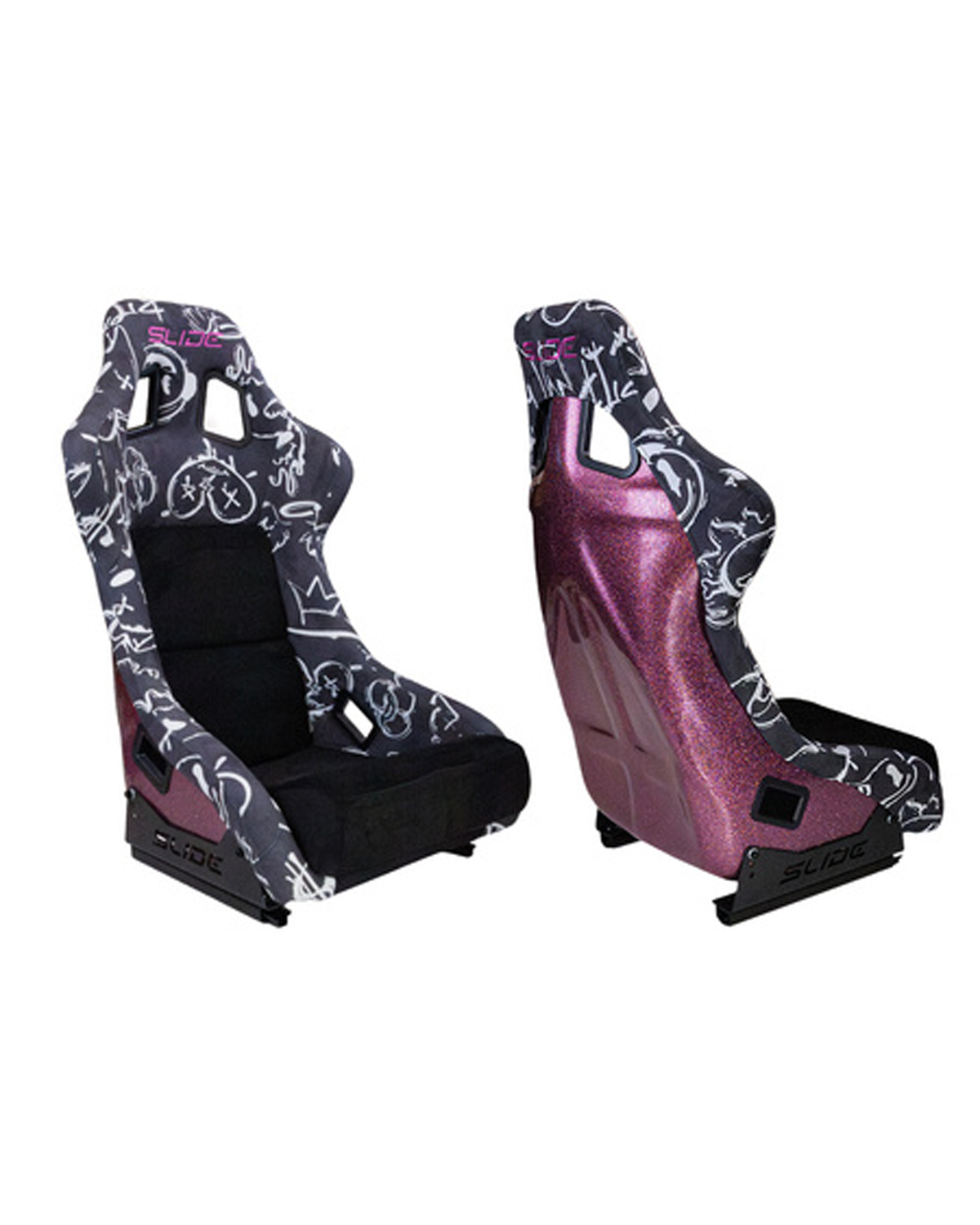 SLIDE - SPORTA KRĒSLS KS2 Premium Black & Spray Graffity Welur Pink Glitter